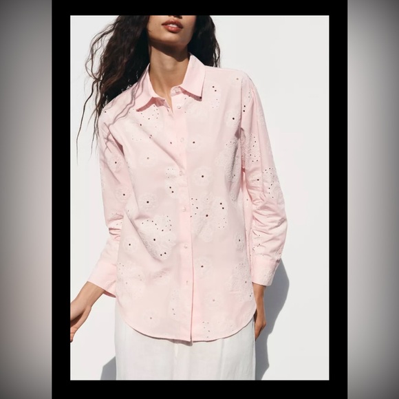Zara Tops - Zara Pink Cotton White Eyelet Button-Up Blouse | L | Rubberized Eyelets | NWT